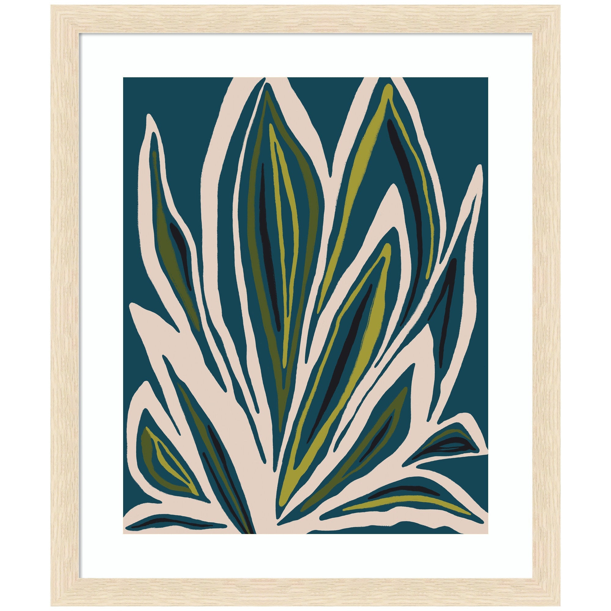 Framed Art Blue Flora 1 by Alicia Bock showing abstract teal and olive leaf pattern in Woodgrain Stripe Blonde frame