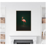 Framed wall art of a pink flamingo standing sideways against a dark green gradient background, centered above a white fireplace surrounded by shelves with wicker baskets.