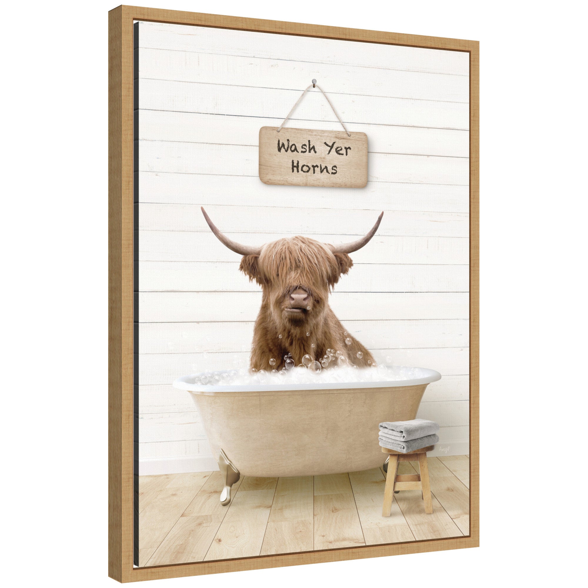 Sylvie Highland Cow in Modern Bathtub Wash Your Horns Framed Canvas