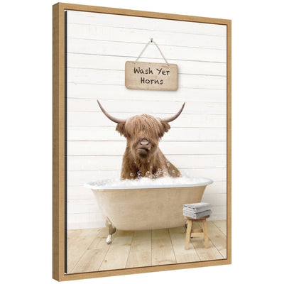 Sylvie Highland Cow in Modern Bathtub Wash Your Horns Framed Canvas