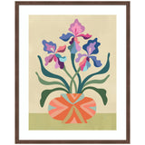 Abstract Iris and Vase framed print with multicolored petals and orange geometric vase in Florence Medium Brown frame