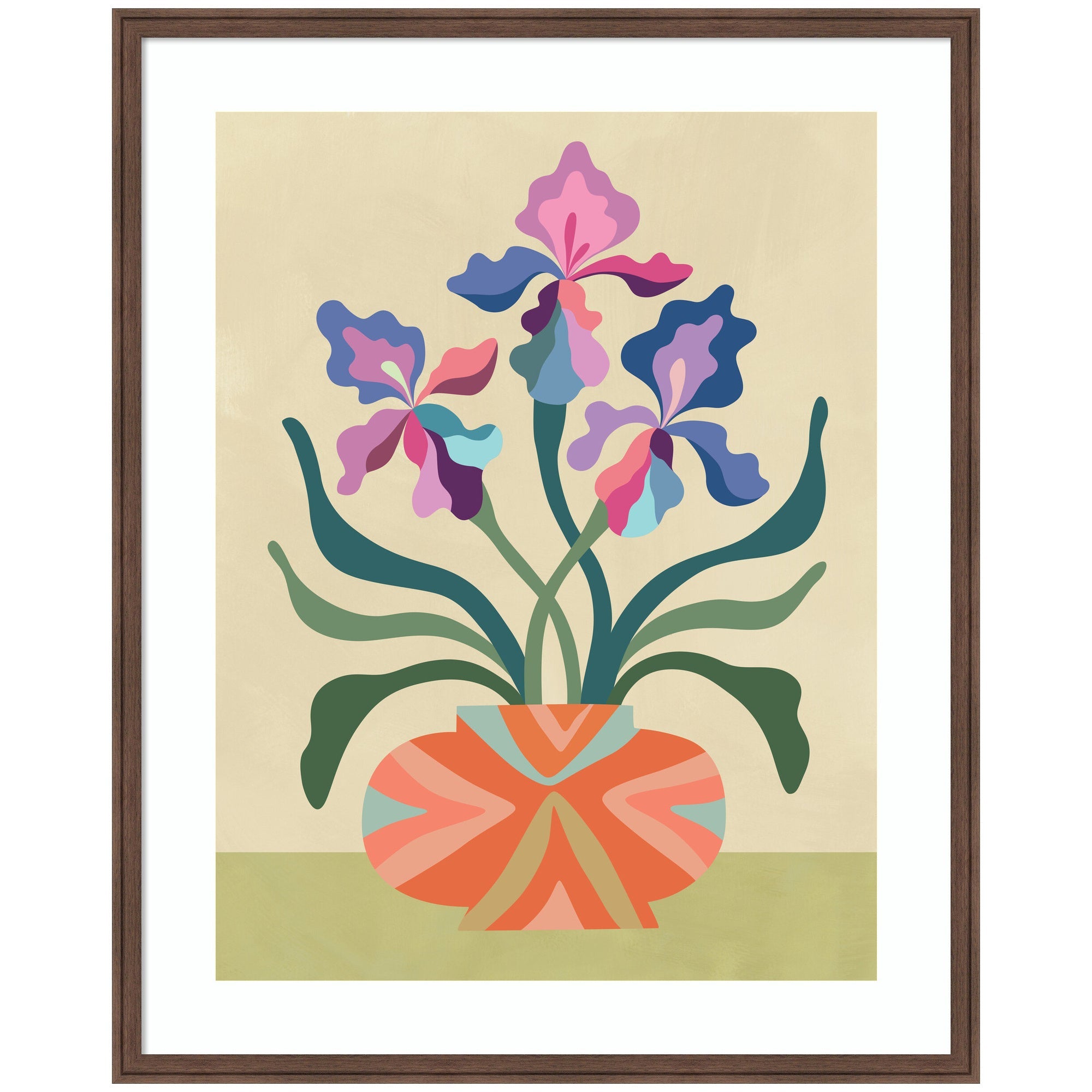 Abstract Iris and Vase framed print with multicolored petals and orange geometric vase in Florence Medium Brown frame