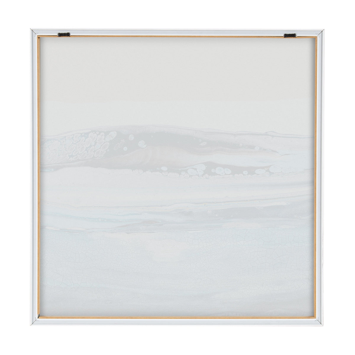 Framed abstract print featuring soft, horizontal blue and gray waves with subtle bubble-like textures, evoking a tranquil glacier scene.