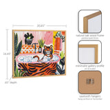 Illustration of a tiger with orange and black stripes sitting in a bubble-filled bathtub with surrounding green plants and a pink and orange bathroom backdrop, framed in natural oak wood.