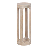 Tall cylindrical wooden side table with open vertical slats and rounded top and base, featuring a light natural wood finish.