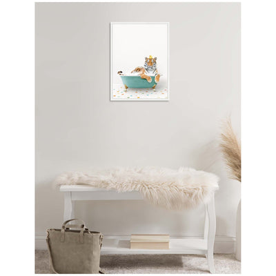 Sylvie Tiger in Teal Bathtub on Colored Tile Framed Canvas by Amy Peterson