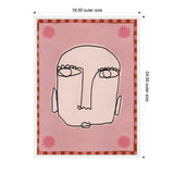 Abstract continuous black line drawing of a stylized face on a pink canvas with checkerboard brown and pink border and pink sun motifs in each corner.