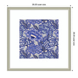 Square framed artwork featuring dense blue and lavender floral pattern with dark blue leaves on a light gray background, accented by cream and soft pink highlights.
