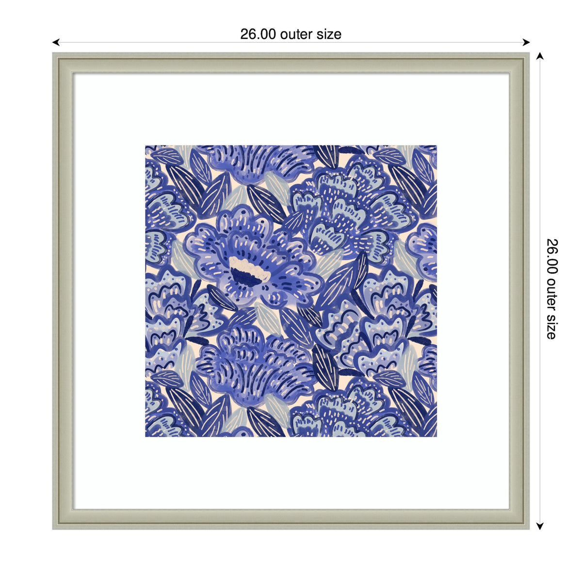 Square framed artwork featuring dense blue and lavender floral pattern with dark blue leaves on a light gray background, accented by cream and soft pink highlights.
