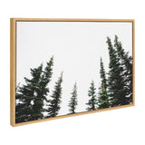 Sylvie Evergreens framed canvas art featuring green evergreen trees with a natural wood grain polystyrene frame