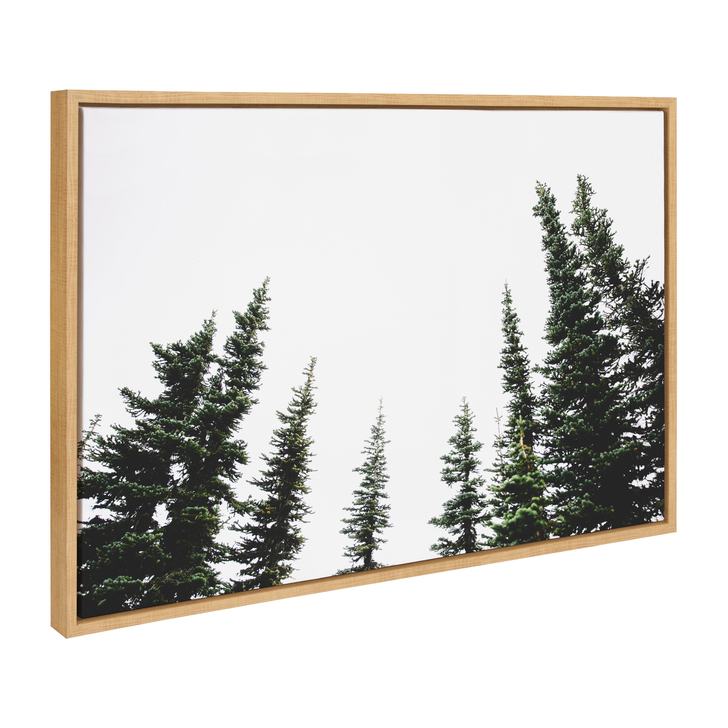 Sylvie Evergreens framed canvas art featuring green evergreen trees with a natural wood grain polystyrene frame