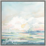 Abstract watercolor painting featuring soft pastel hues of blue, pink, yellow, and green blending into cloud-like forms and horizontal layers, framed in gray.