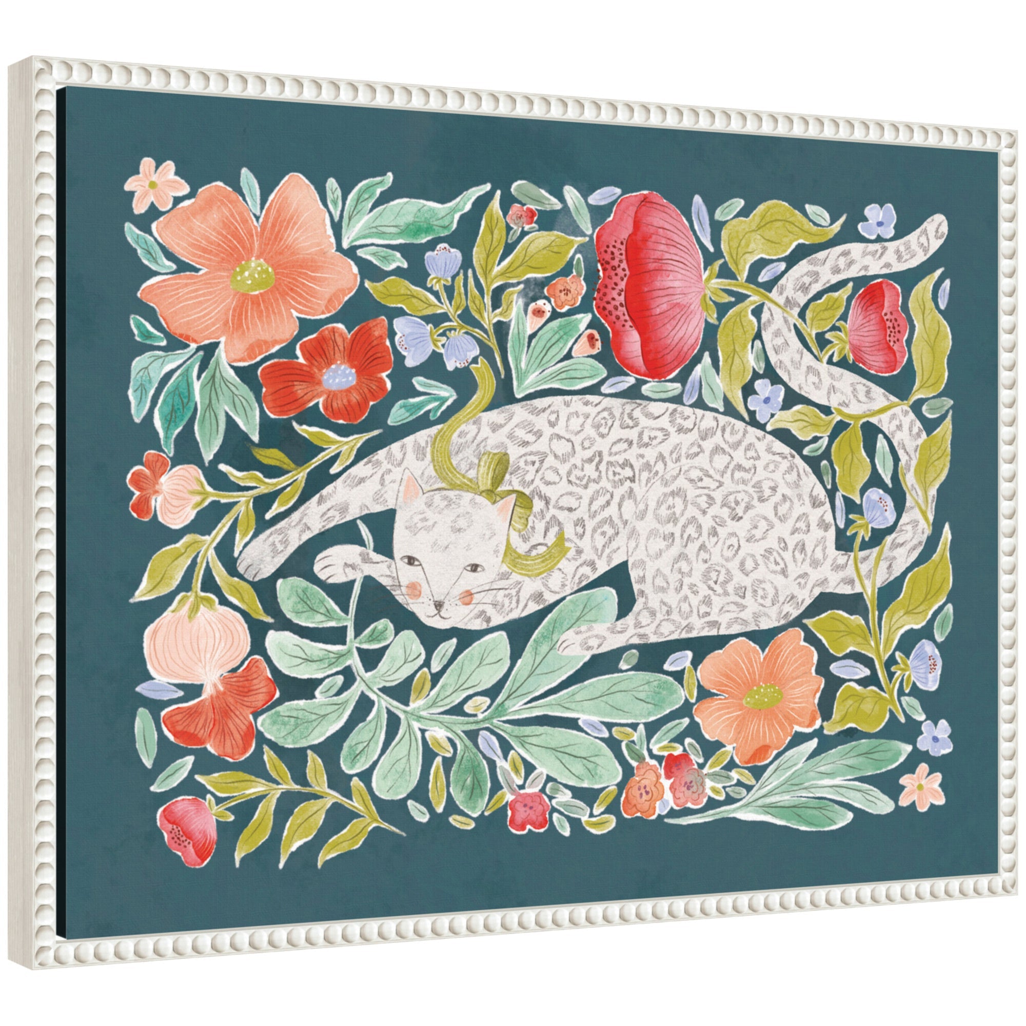 Framed canvas wall art print titled JL Floral Cat by Jill Labieniec, featuring a cat with floral elements in a white beaded frame.