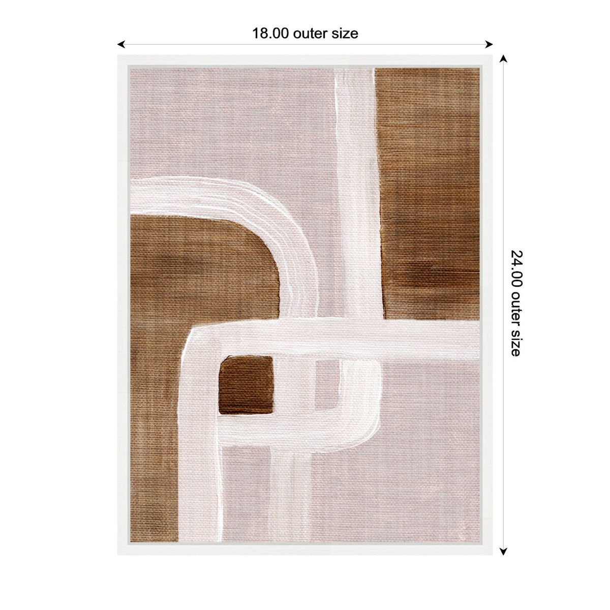 Abstract canvas with rhythmic interlocking white and brown curved lines on a muted beige background, framed in a simple light frame with measurements.