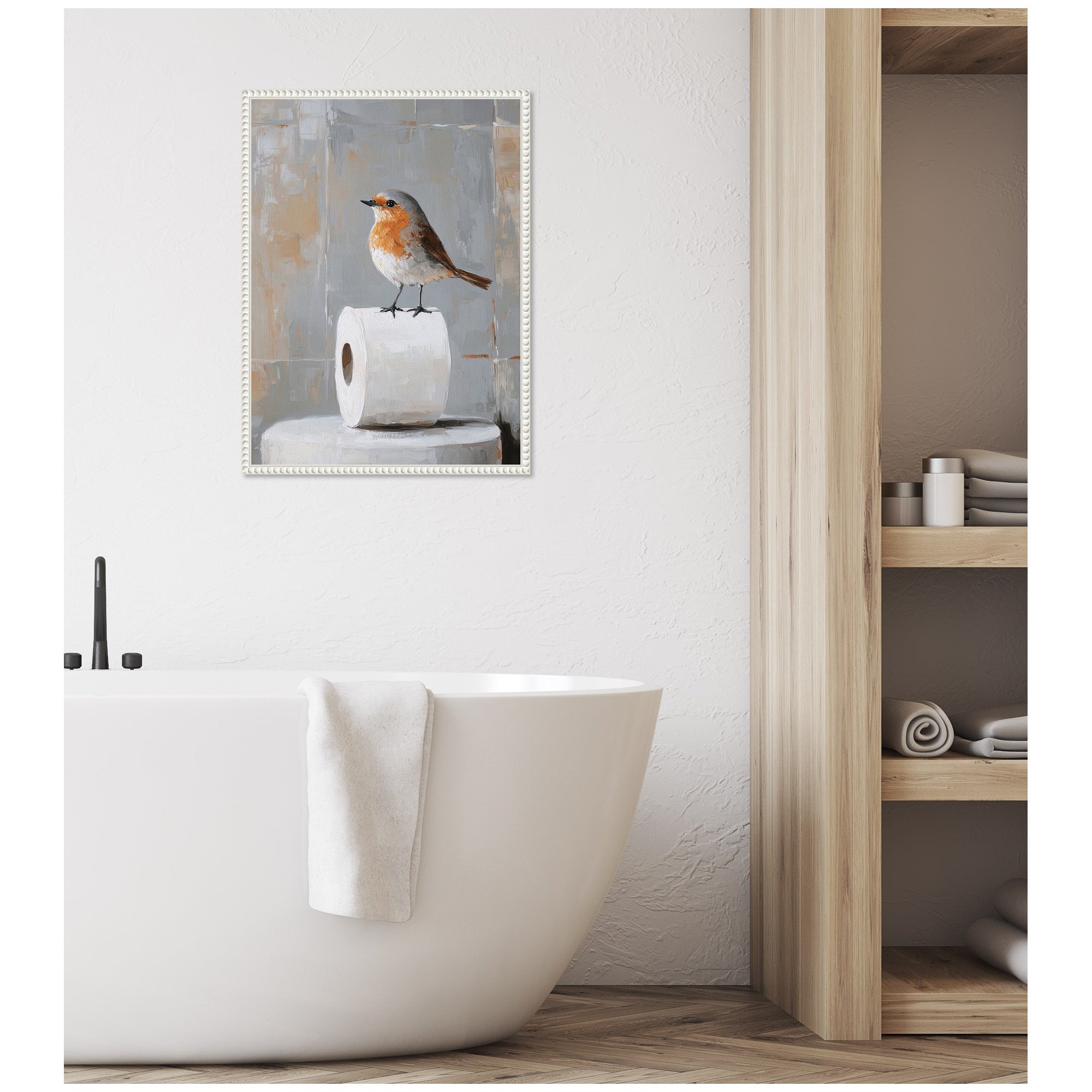 Sylvie Bird Standing on Toilet Paper Roll Toilet Bathroom Art Framed Canvas