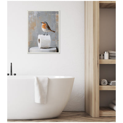 Sylvie Bird Standing on Toilet Paper Roll Toilet Bathroom Art Framed Canvas