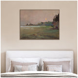 Framed impressionist painting of a misty evening landscape with a glowing moon, muted greens and purples, hanging above a bed with neutral-toned pillows.