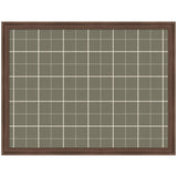 Rectangular fabric pinboard in sage green with a white grid pattern framed in medium brown wood with visible grain texture.