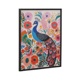 Colorful painting of a blue peacock with a detailed tail featuring pink, teal, and black eye spots, surrounded by vibrant pink, orange, and purple flowers and foliage.