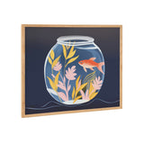 Framed print of pet goldfish surrounded by colorful botanicals in a fish tank, gold wood frame