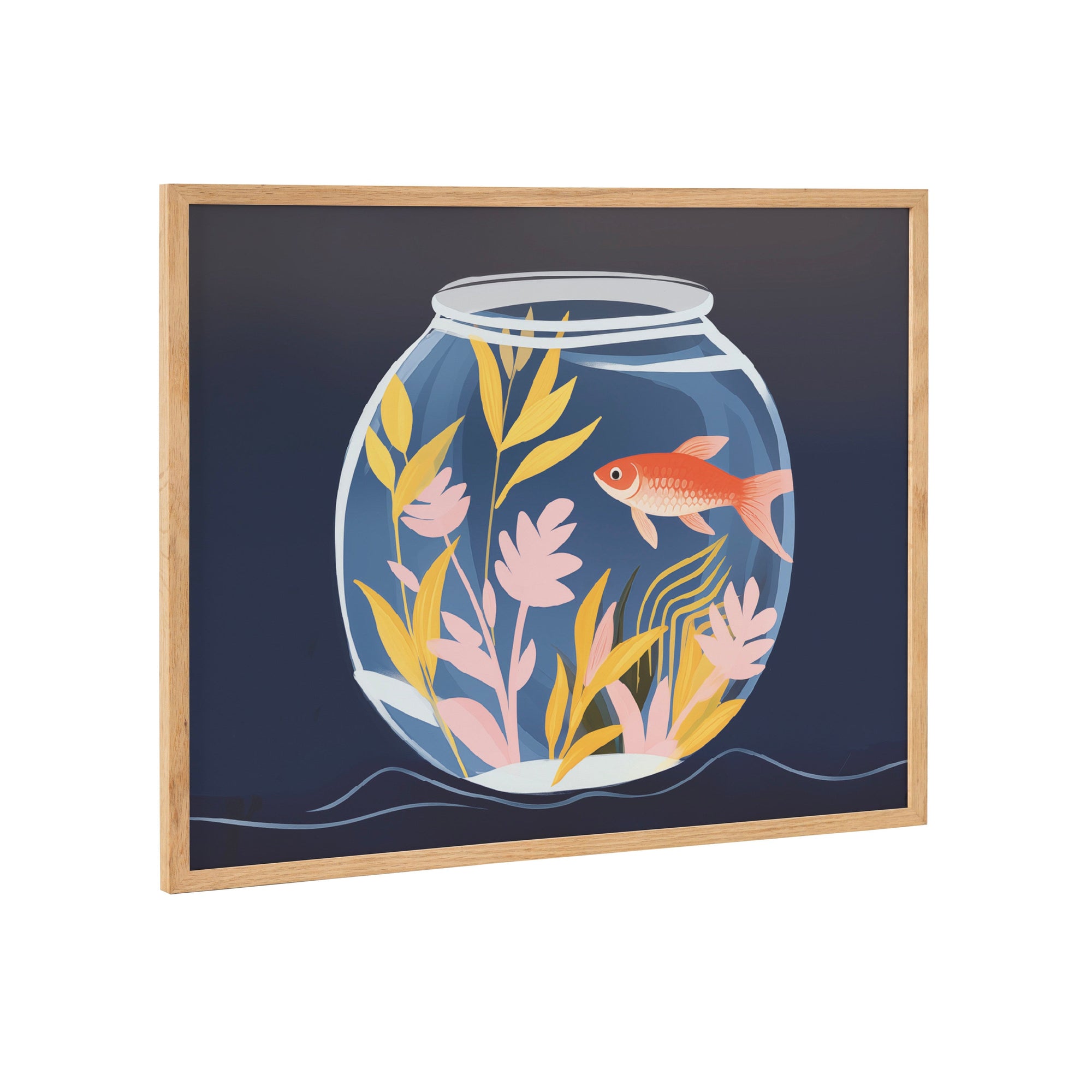 Framed print of pet goldfish surrounded by colorful botanicals in a fish tank, gold wood frame