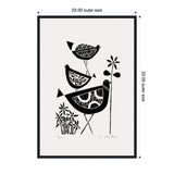 Black linocut print of three stylized folk art birds stacked vertically with patterned bodies, one holding a flower, on white canvas with black frame.