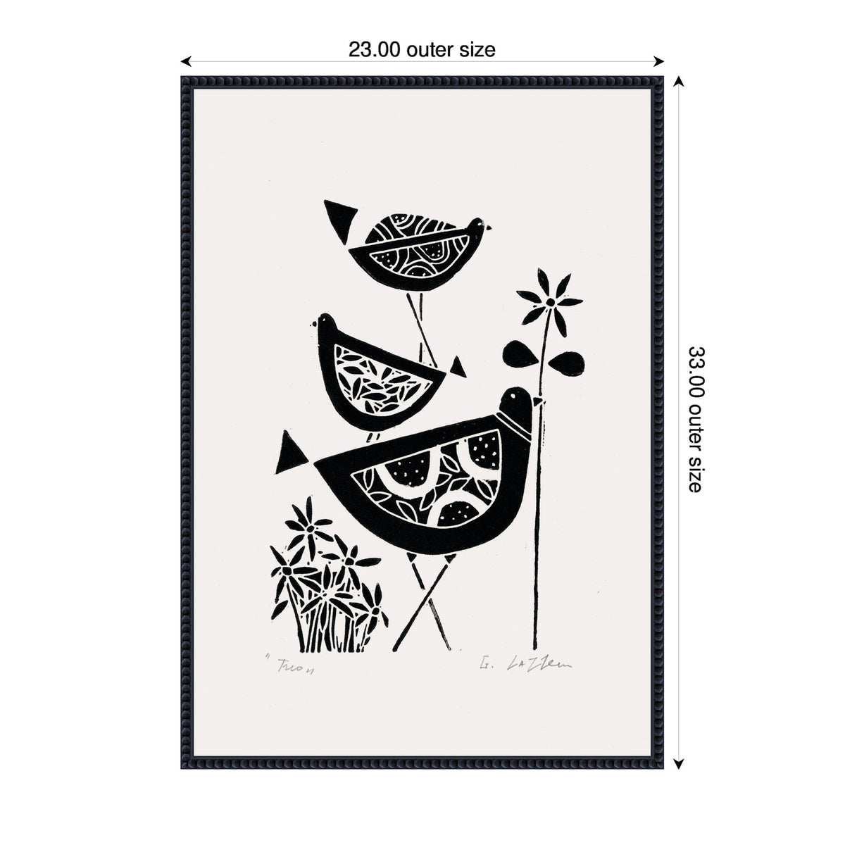 Black linocut print of three stylized folk art birds stacked vertically with patterned bodies, one holding a flower, on white canvas with black frame.