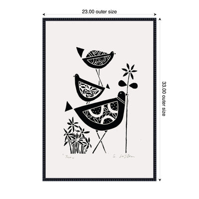 Sylvie Folk Bird Family Trio Linocut Framed Canvas by Giuliana Lazzerini