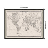 Framed vintage-style black and white world map printed on linen fabric with visible country borders and geographic details, measuring 24x18 inches inside a 25x19 inch frame.
