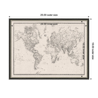 Framed Fabric Pinboard Vintage Black and White Linen World Map Wall Organization