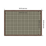 Rectangular framed fabric pinboard with a sage green plaid pattern, showing inner dimensions 36x24 inches and outer dimensions 38x26 inches, with a brown wooden frame.