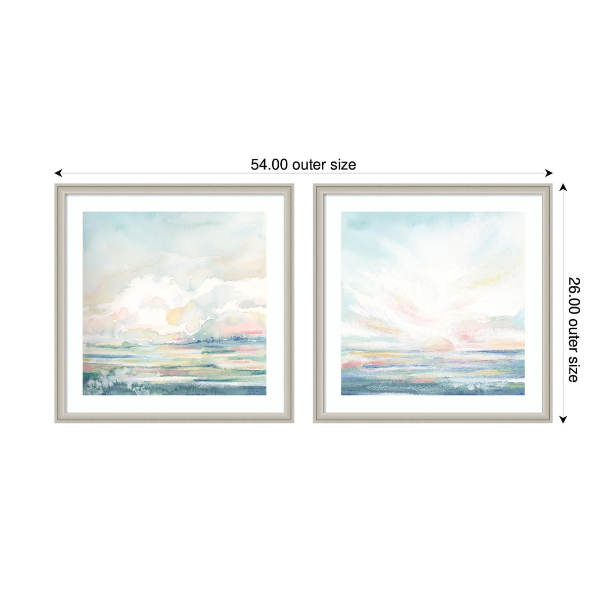 Two framed watercolor prints side by side featuring soft pastel skies and abstract landscape horizons with gentle blues, pinks, and whites.
