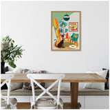 Illustration of a living room corner with a brown dog sitting by a surfboard, teal chair, orange table vase, potted plants, and abstract wall art under a blue pendant light.