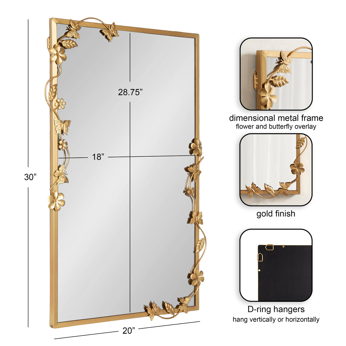 Rectangular mirror with a gold metal frame featuring dimensional floral and butterfly overlays curling along two edges, with detailed close-ups showing texture and D-ring hangers on the back.