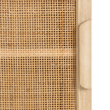 Close-up of a beige woven rattan panel framed by light wood with a smooth vertical wooden handle on the right side.
