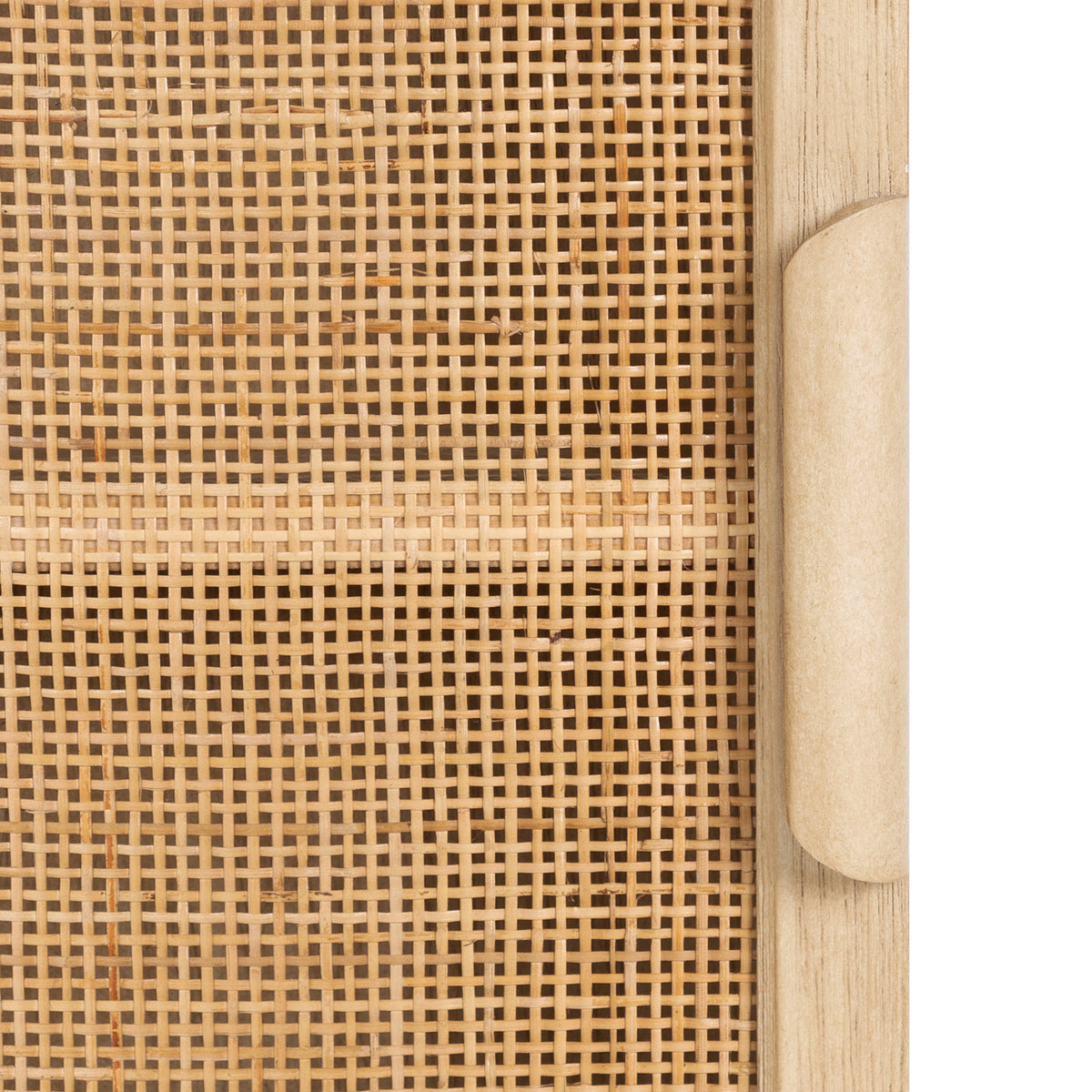 Close-up of a beige woven rattan panel framed by light wood with a smooth vertical wooden handle on the right side.