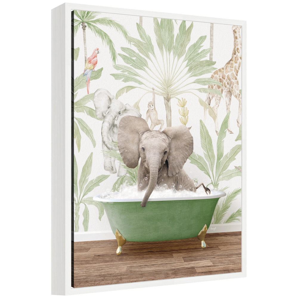 Sylvie Baby Elephant 3 in Wild Safari Bathtub framed canvas art by Amy Peterson showing a baby elephant in a colorful bathtub on a white background.
