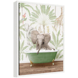 Sylvie Baby Elephant 3 in Wild Safari Bathtub framed canvas art by Amy Peterson showing a baby elephant in a colorful bathtub on a white background.
