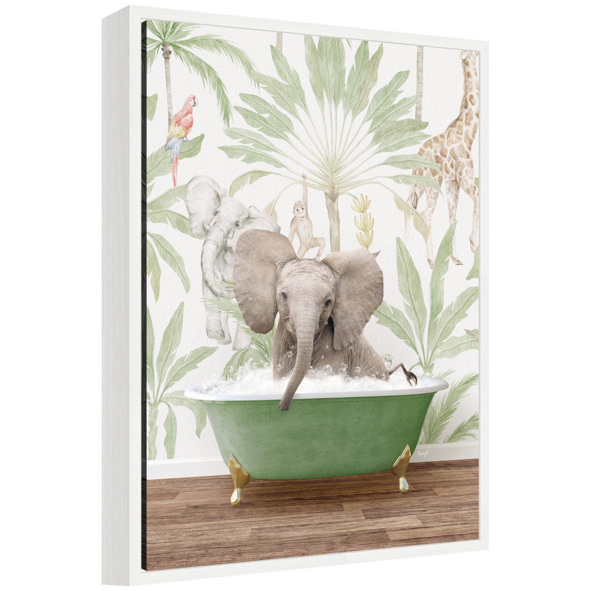 Sylvie Baby Elephant 3 in Wild Safari Bathtub framed canvas art by Amy Peterson showing a baby elephant in a colorful bathtub on a white background.