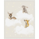 Framed canvas with a fawn, rabbit, and fox peeking through soft white clouds on a pale beige background sprinkled with small glowing stars.