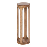 Tall cylindrical wooden side table with evenly spaced vertical slats connecting round solid top and base, showing smooth natural brown wood grain.