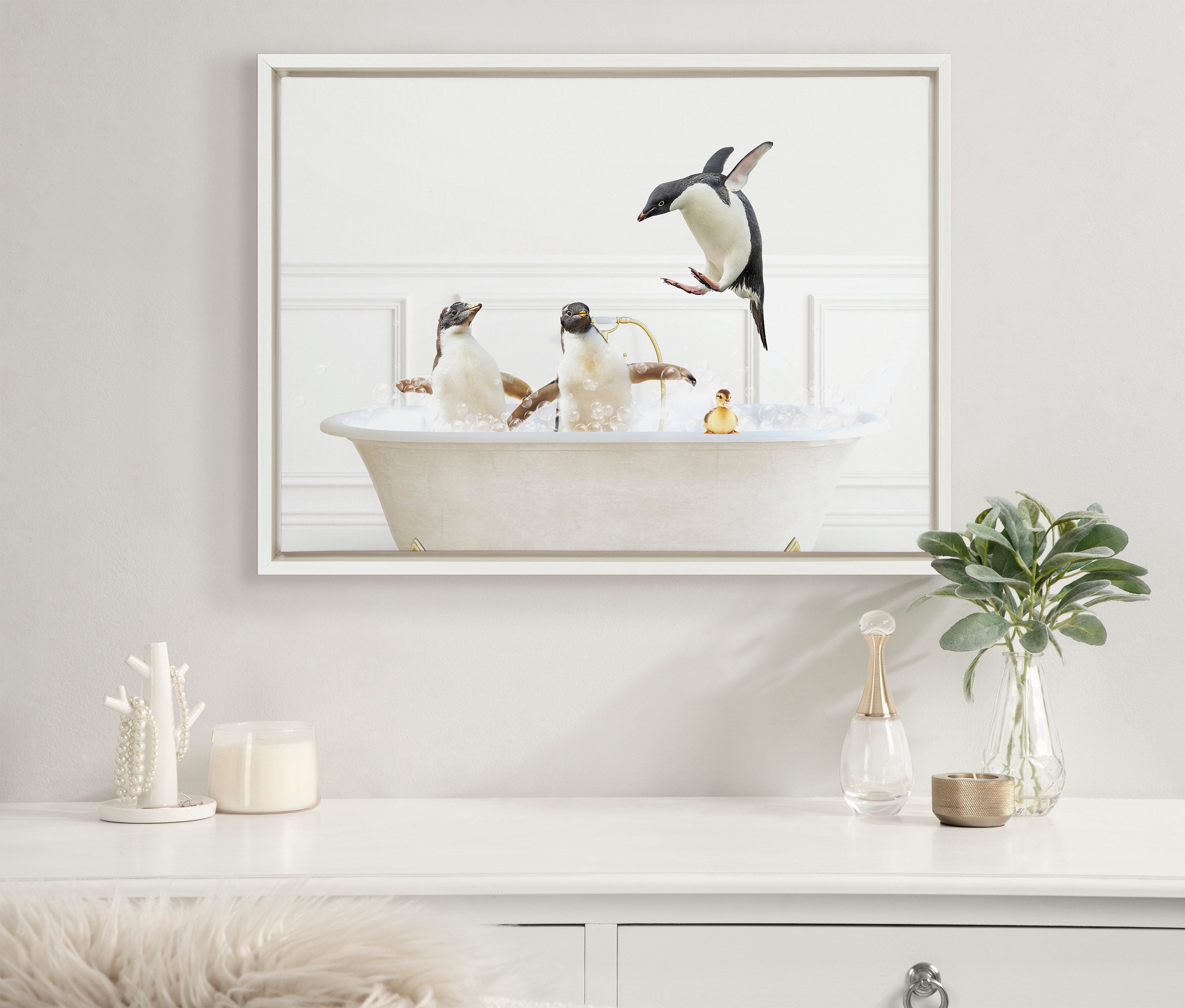 Sylvie Penguins In Bubble Bath Neutral Style Framed Canvas by kateandlaurel - product image 10 for Resin Society