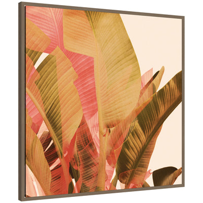Framed canvas wall art print titled Summer Layers No.
1 featuring overlapping pink and green tropical leaves in a dark gold Sylvie frame