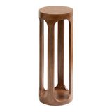 Tall cylindrical wooden side table with a solid round top and four evenly spaced curved vertical supports connecting to a circular base