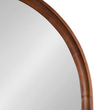 Close-up of a curved brown wood frame with smooth grain surrounding a mirror with a plain light gray reflective surface.