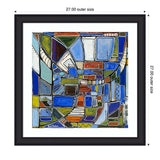 Abstract geometric painting with intersecting rectangles and curved shapes in blue, green, orange, and white, outlined in black in a 27-inch black frame.