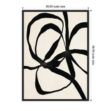 Black abstract twisting ribbons on a cream background within a thin black frame, sized 28 by 38 inches outer dimensions.