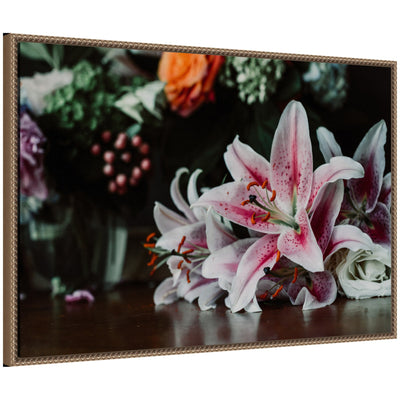 Sylvie Dark Lily framed canvas depicting floral dark lilies with vintage beaded frame