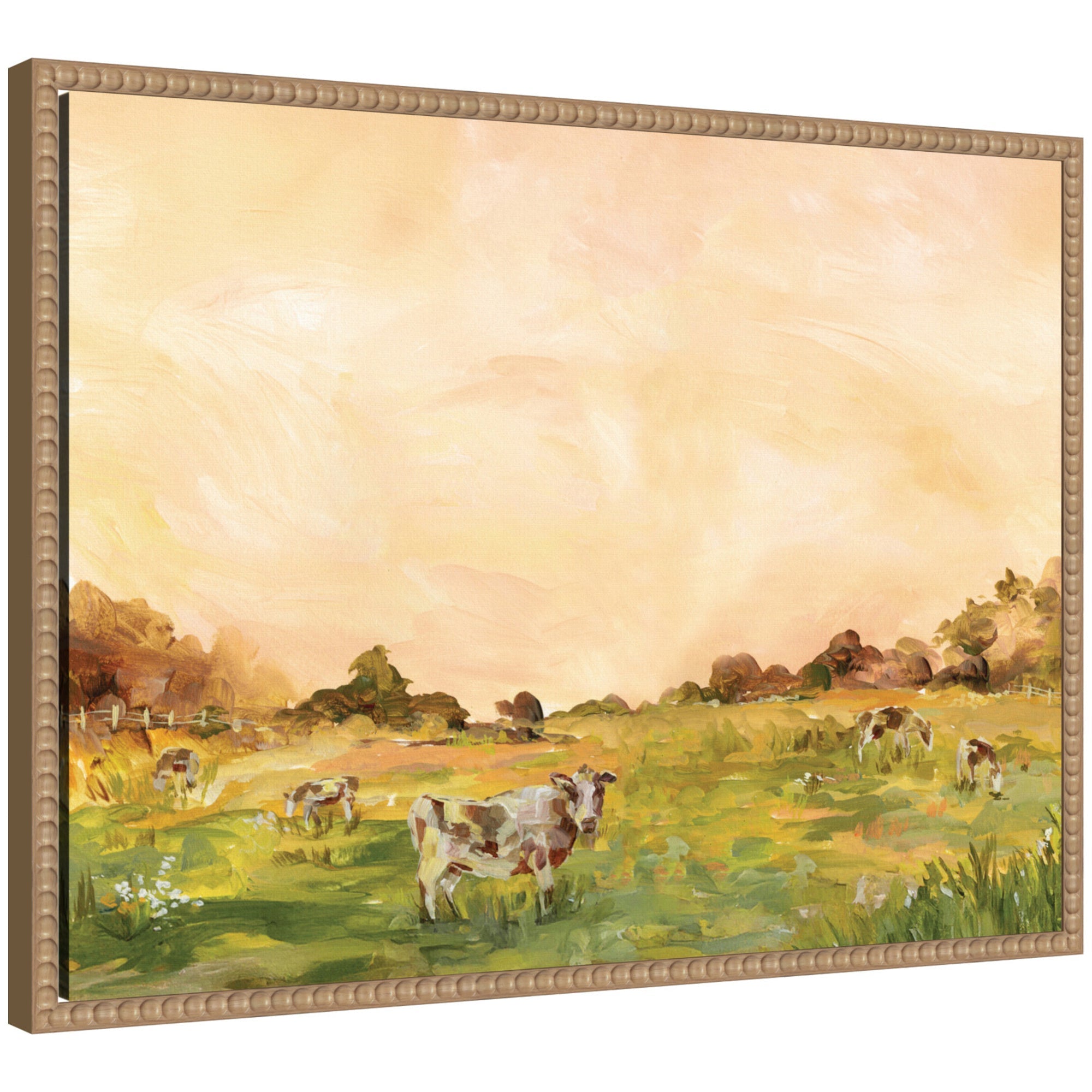 AQ Cows by Annie Quigley framed canvas wall art showing cows grazing in a sunlit field with sunset hues