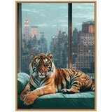 A majestic tiger with orange and black stripes lounges on a teal cushioned sofa by a large window overlooking a city skyline with tall buildings under a blue sky.